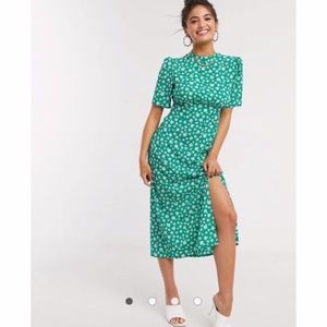 ASOS Buttoned Split Floral Green Midi Tea Dress